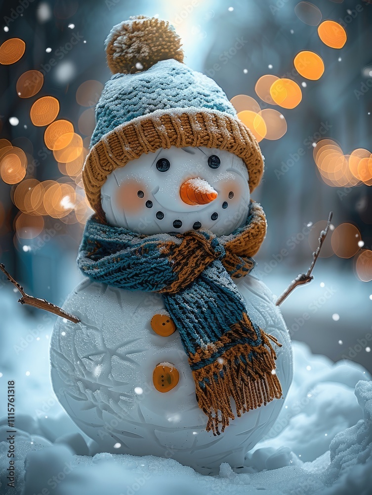 Fototapete a happy snowman on a winter background with copy space and a bokeh effect.