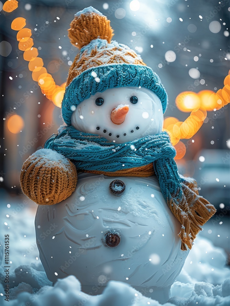 Poster a happy snowman on a winter background with copy space and a bokeh effect.