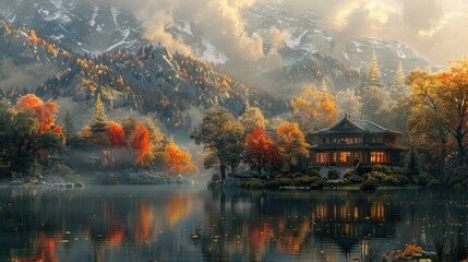 Fototapeta premium A serene landscape with a house and a lake