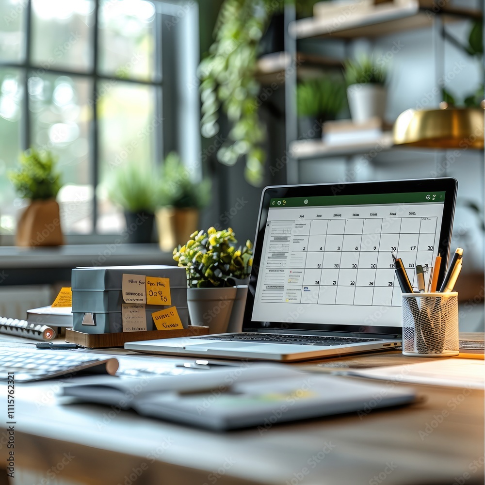 Aufkleber a modern office desk setup with a laptop, surrounded by planning tools like a physical calendar, sti