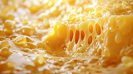 Melting cheddar cheese oozing with rich flavors and creamy texture in macro view