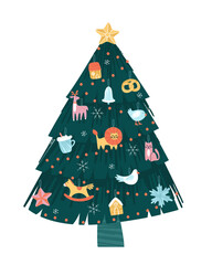 New Year tree decorated with toys. Many toys hang on the tree, houses, birds, animals, star and snowflakes. Festive fir tree on isolated background. Flat vector illustration