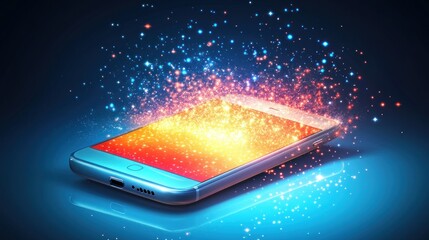 A smartphone with glowing particles emanating from its screen, representing digital innovation and technology.