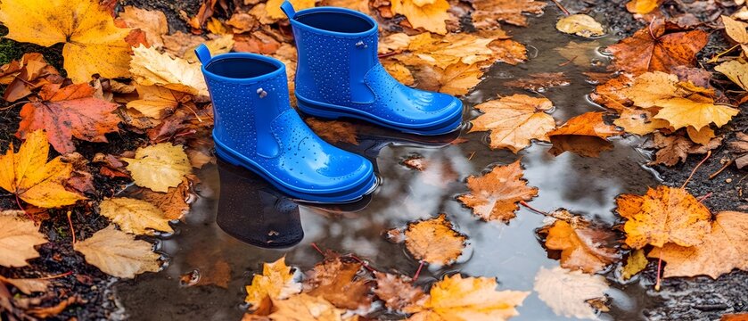 Blue rubber boots on autumn leaves beside a puddle, showcasing a playful outdoor scene.