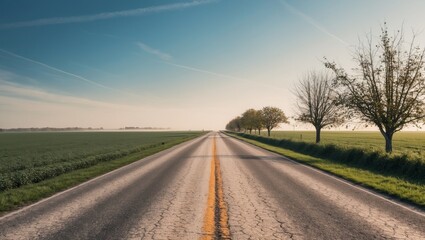 A serene rural road leading to a bright horizon.