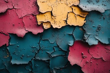 Obraz premium Vibrant Abstract Texture Featuring Cracked Paint in Shades of Red, Yellow, and Blue Perfect for Backgrounds, Textures, and Artistic Designs