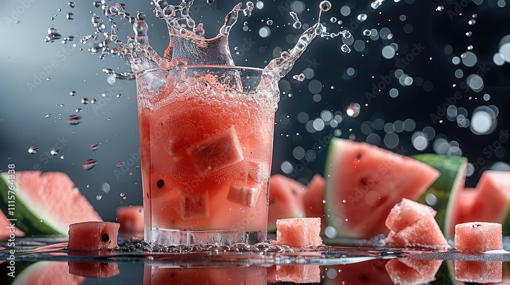 Poster A watermelon juice into a transparent glass, creating a splash effect with watermelon cubes.