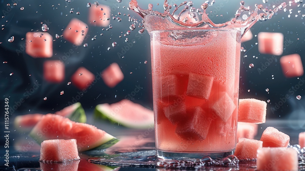 Aufkleber a watermelon juice into a transparent glass, creating a splash effect with watermelon cubes.