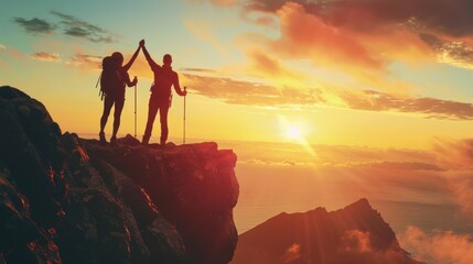 Couple celebrating a mountain peak at sunset