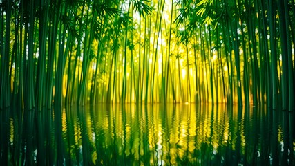 Fototapeta premium Serene Bamboo Forest Reflecting in Still Water at Golden Hour