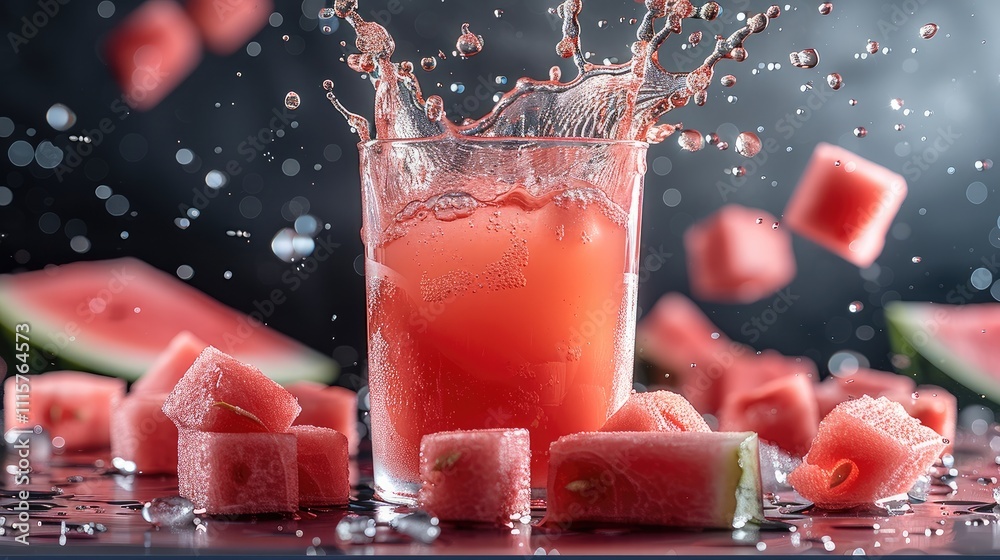 Poster A watermelon juice into a transparent glass, creating a splash effect with watermelon cubes.