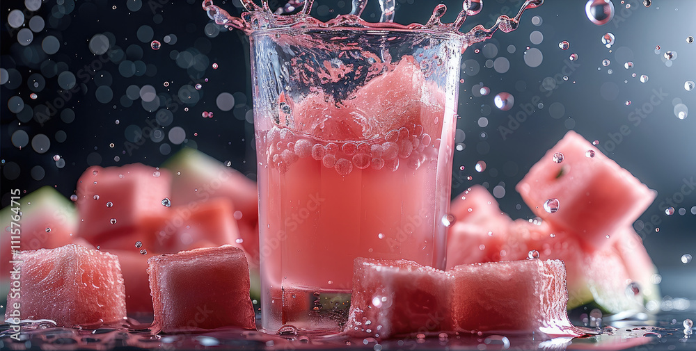 Aufkleber a watermelon juice into a transparent glass, creating a splash effect with watermelon cubes.