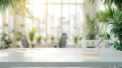 modern empty white PVC table top is showcased in bright, blurred office environment filled with greenery and natural light, creating serene and inviting atmosphere.
