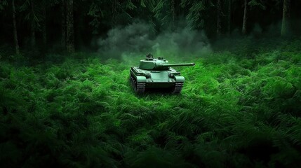 Obraz premium Military Tank in Forest Camouflage Warfare Combat Army Nature Green Smoke 16 9