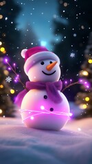 Fototapeta premium A glowing neon snowman in a winter, surrounded by glowing Christmas trees and sparkling snowflakes