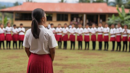 Obraz premium Students in Traditional Attire Participate in a School Ceremony Outdoors, Standing in Formation in Front of a Classroom Building with Greenery in the Background