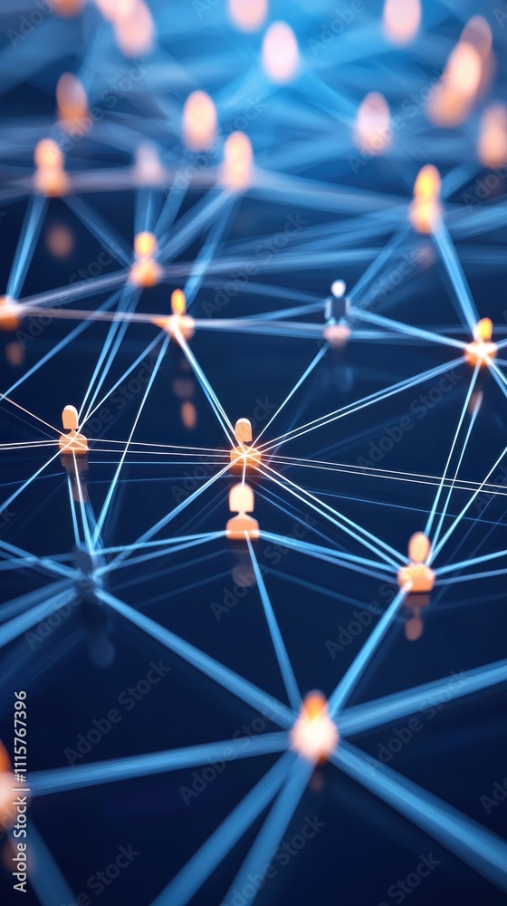 Poster digital network connection with abstract people icons linked by bright lines in an ethereal space re