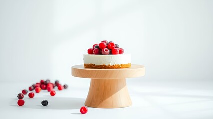 Creamy Cheesecake Topped with a Bountiful Arrangement of Fresh Berries on a Simple Wooden Cake Stand