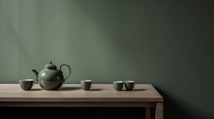 Tea Set on Wooden Table with Green Wall Background