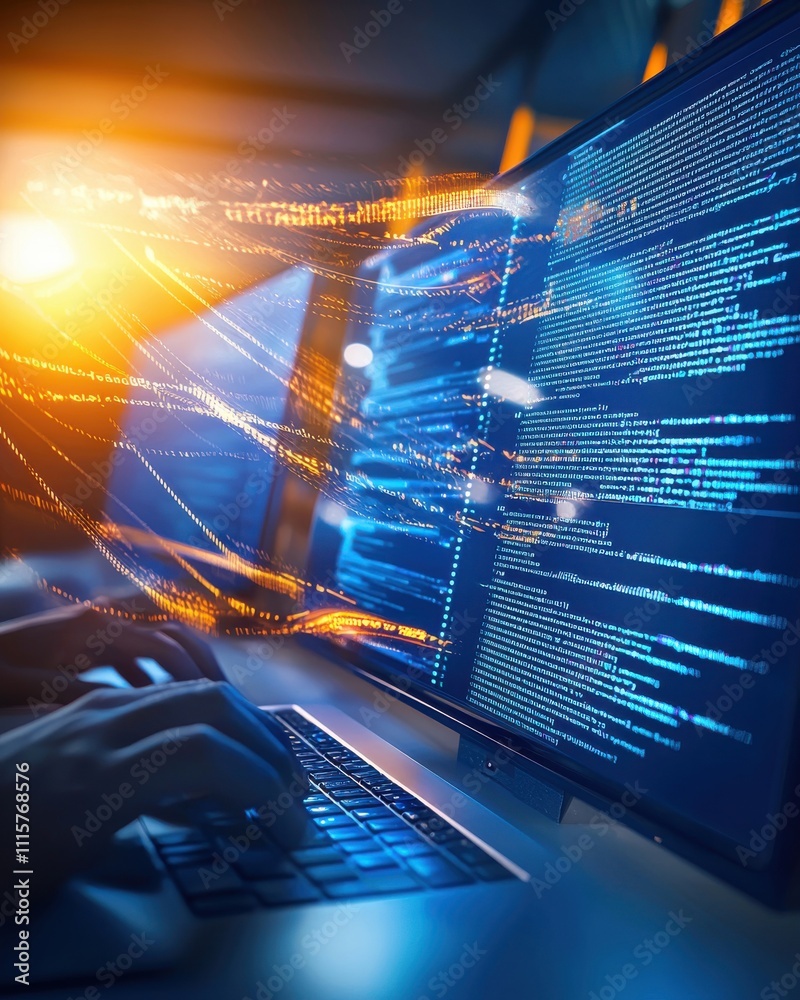 Poster close-up of hands typing on a laptop with programming code on a screen, digital data and technology 