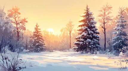 Fototapeta premium Winter Sunset In A Snowy Forest With Tall Evergreens