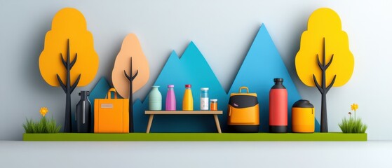 Obraz premium [Picnic Essentials Picnic bags] Autumnal Indoor Scene with Whimsical Water Tower and Cozy Tree Branches