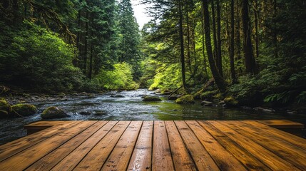 Wooden Deck Overlooking a River in a Forest