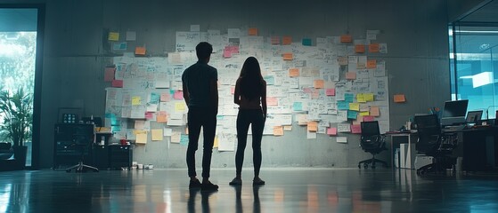 Fototapeta premium Collaborative Brainstorming: Silhouettes of Two People Contemplating Sticky Notes