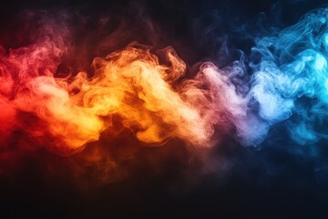 Fototapeta premium Colorful wisps of smoke flowing in vibrant orange, blue, and white colors against a dark background, creating an abstract and dynamic visual representation.