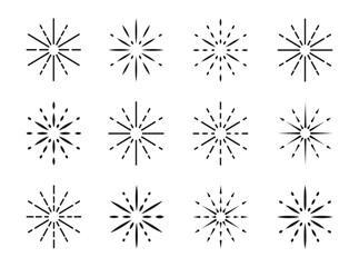 Obraz premium A vector set of flat fireworks icons on a transparent background featuring bursts, flashes, and sparkles. Perfect for festivals, birthdays, holidays, banners, posters, and greeting cards. 