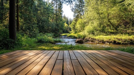 Wooden Deck Overlooking a Forest Stream