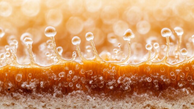 Close-up of trichomes on cannabis bud with amber background