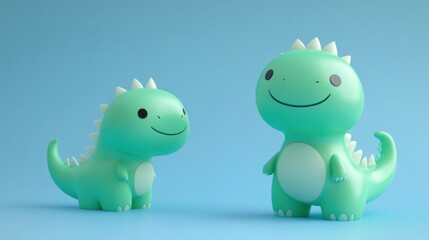 Two Cute Green Dinosaur Toys On Blue Background