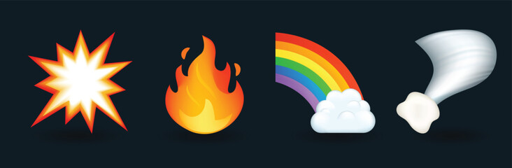 Flash, flame, rainbow and tornado emoji vector illustration isolated on dark background. 3d illustration