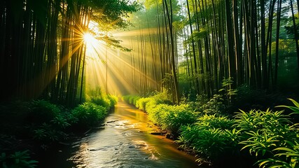 Naklejka premium Serene Forest Stream Illuminated by Golden Sunlight Rays
