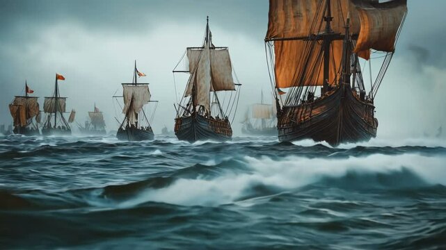 A Majestic Fleet of Beautiful Historical Sailing Ships Navigating Through the Turbulent and Stormy Seas