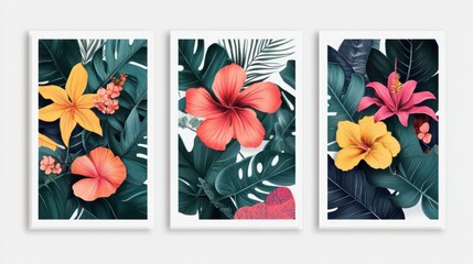 Obraz premium A trio of vertical posters with colorful tropical prints, including leaves and flowers, creating a lively display, isolated on white