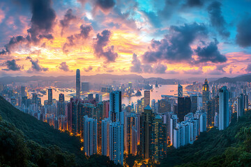 
A breathtaking cityscape showcasing a collection of towering skyscrapers under a magical sky. 