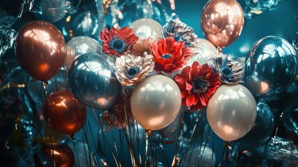 A vibrant arrangement of balloons and flowers, perfect for celebrations and events.