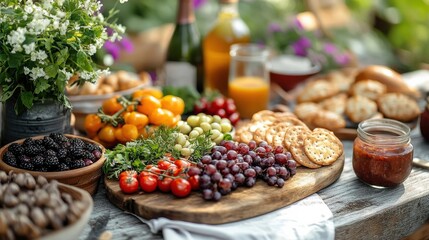 [Outdoor picnics healthy dining] Cozy Celebration Table with Fresh Fruits & Breads, Festive Decor & Natural Light