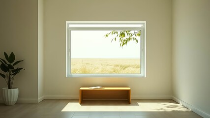Fototapeta premium Serene minimalist room interior with a large window overlooking a field of tall grass and a simple wooden bench