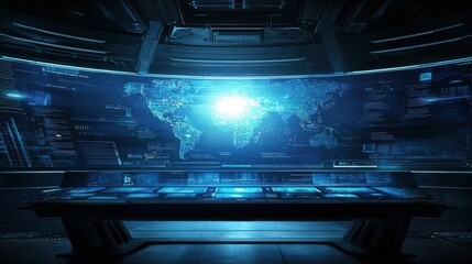 Obraz premium Futuristic Control Room with Digital Interface and World Map Projection for Advanced Technology, Innovation, and Data Analysis Concepts
