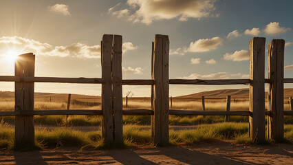 Fototapeta premium Rustic wooden fence A weathered wooden fence stands tall against a golden sunset.
