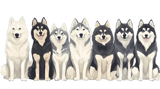 Beautiful 7 alaskan malamute dogs illustration sitting side by side. Transparent background. PNG