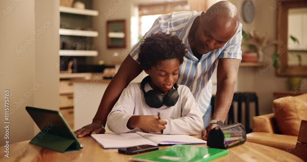 Poster Homework, help and father with child and notebook for remote learning, education and development. Study, headphones and knowledge with kid in black family home for tablet, test solution or project