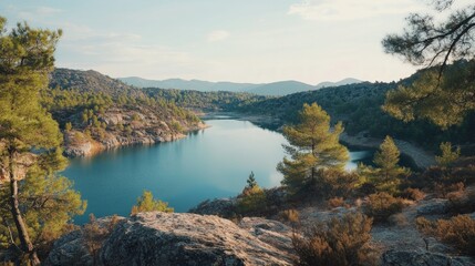 Naklejka premium Serene Mountain Lake Retreat, a stunning remote lake embraced by towering pine forests and rugged rocks, perfect for eco-tourism and adventurous outdoor experiences.