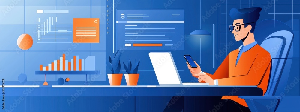 Poster modern workspace with a man using smartphone in a bright office environment featuring digital graphs
