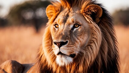 Fototapeta premium Closeup of a lion with in the background.