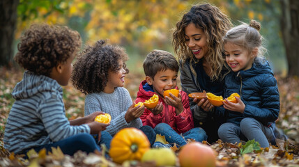 Multi ethnic boys and girls eating fruits while sitting with female teacher in nature park - Education concept - Models by AI generative