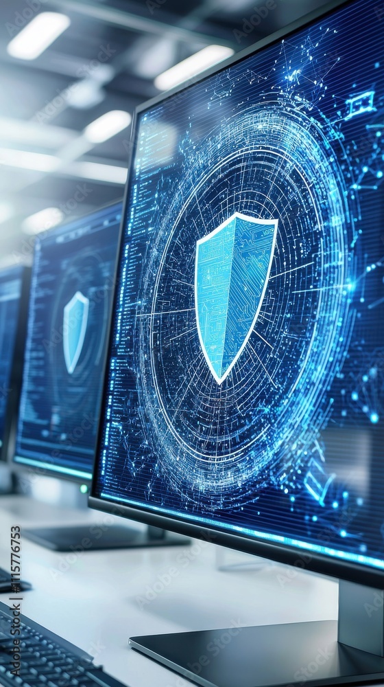 Poster futuristic cybersecurity concept with digital shield on computer screen, representing advanced prote